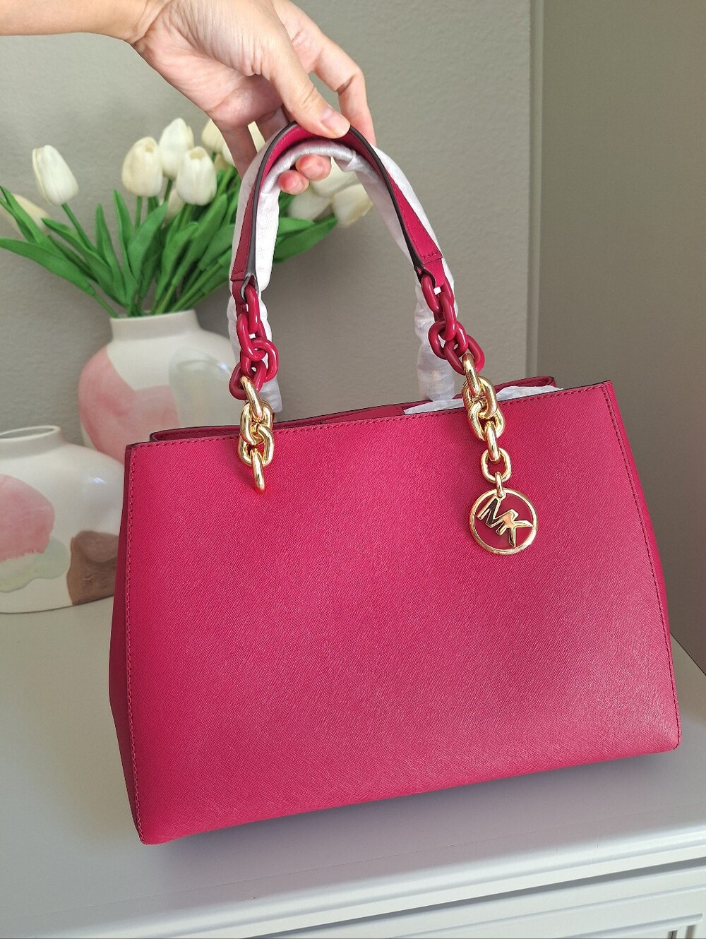 MICHAEL KORS CYNTHIA MEDIUM SAFFIANO LEATHER SATCHEL BAG CROSSBODY NWT
